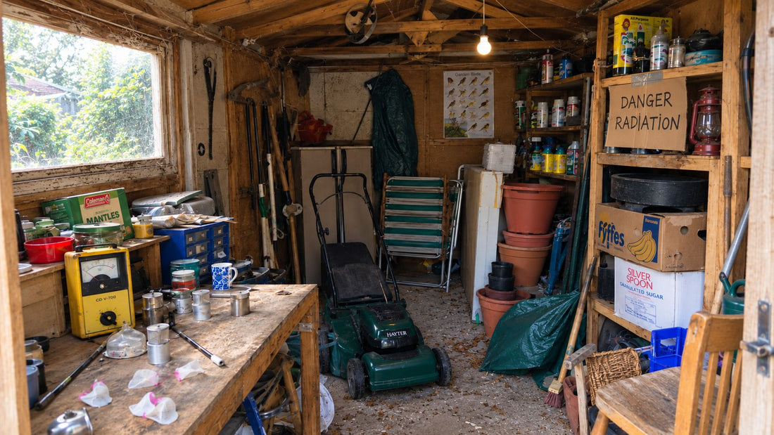 Improvised scientific equipment in a cluttered backyard shed, inspired by David Hahn’s homemade nuclear experiment.