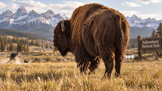 A calm bison grazes in Yellowstone while a blurred tourist scrambles in the background, with mountains and the park sign beyond.