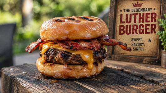 Illustration of a bacon cheeseburger served between two glazed doughnuts, referencing the legendary Luther Burger.