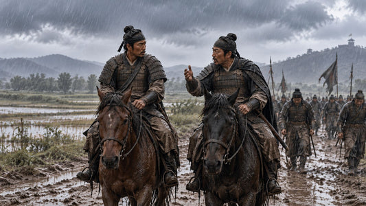 Two Qin Dynasty army officers discussing their predicament before a rebellion, illustrating a darkly comic lesson about bad workplace incentives.
