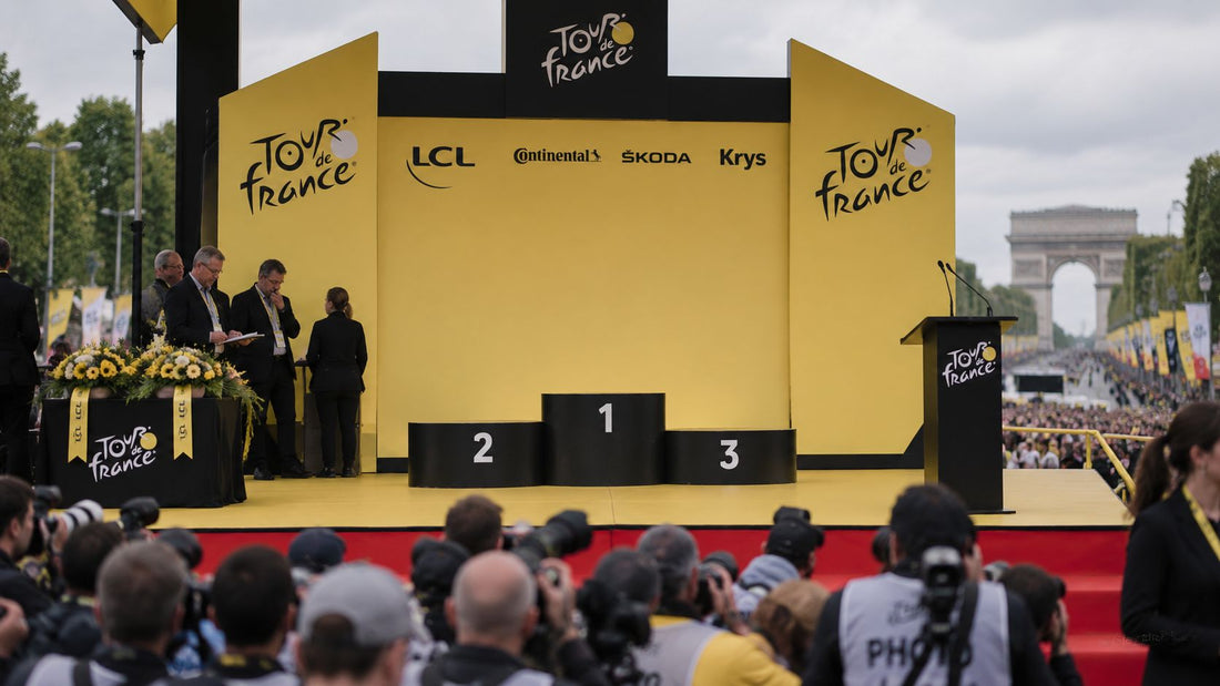 Illustration of an empty Tour de France cycling podium representing the seven titles left without an official winner.