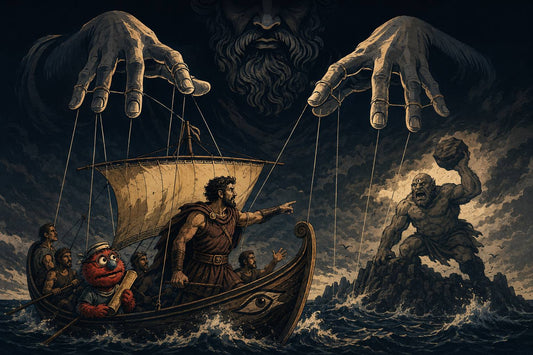 Odysseus sailing through rough seas while giant hands control the scene like puppets