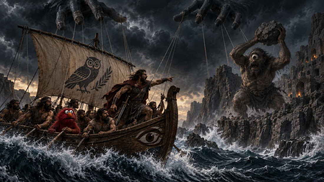 Odysseus sailing through rough seas while giant hands control the scene like puppets.