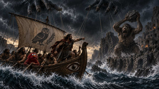 Odysseus sailing through rough seas while giant hands control the scene like puppets.