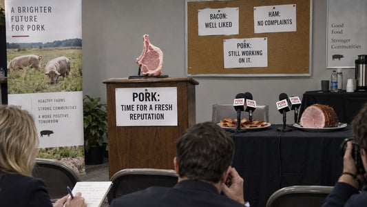 Pork and bacon arranged with political campaign imagery to represent pork’s reputation problem.