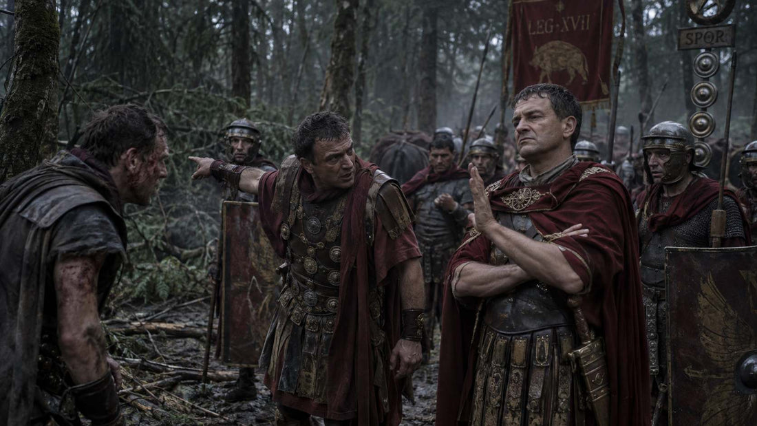 Roman officers argue in a dark, muddy forest as a wounded scout returns with warnings, while uneasy legionaries wait behind them.