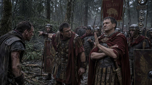 Roman officers argue in a dark, muddy forest as a wounded scout returns with warnings, while uneasy legionaries wait behind them.