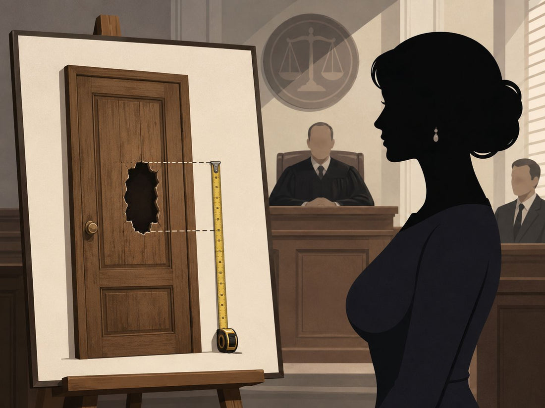 Illustration of a courtroom evidence board showing a small broken doorway opening, referencing the Serena Kozakura court case.