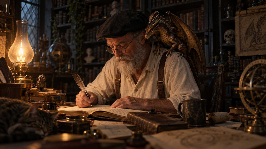 A George R. R. Martin-inspired writer works on a novel at a lamplit desk, with a small bronze dragon perched on his shoulder.n his shoulder in a cozy study.