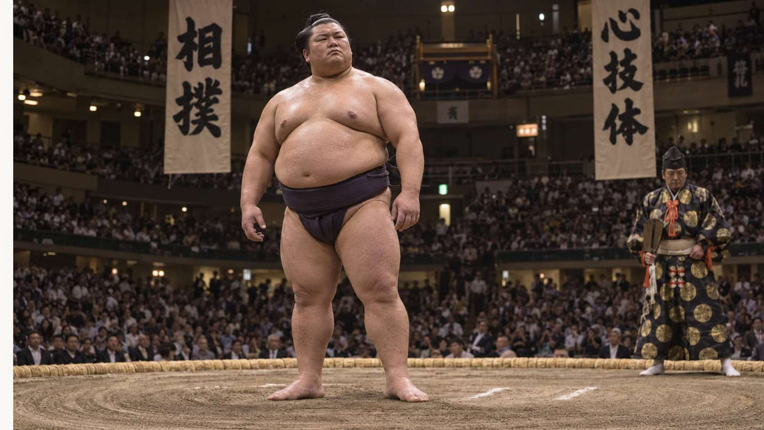 A heavyweight sumo wrestler stands alone in the dohyo with a weary, defiant expression, while a referee and packed arena crowd sit blurred in the background.