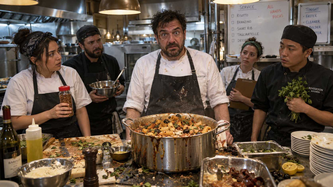 Overwhelmed chef in a chaotic kitchen while too many people interfere with the meal.