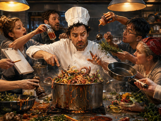 Overwhelmed chef in a chaotic kitchen while too many people interfere with the meal
