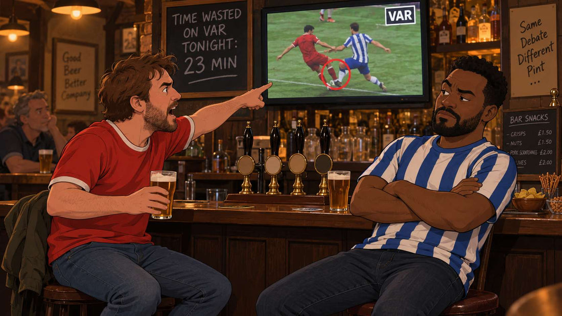 Two football fans argue over a VAR decision in a cozy pub, with a paused replay on TV and a chalkboard noting 23 minutes wasted on VAR.