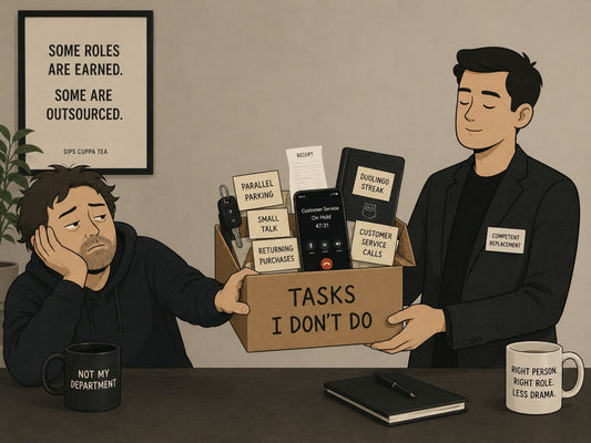 A tired person hands everyday tasks to a more competent replacement.