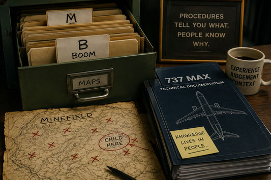 A minefield map beside aircraft documents, representing institutional knowledge held by experienced employees.