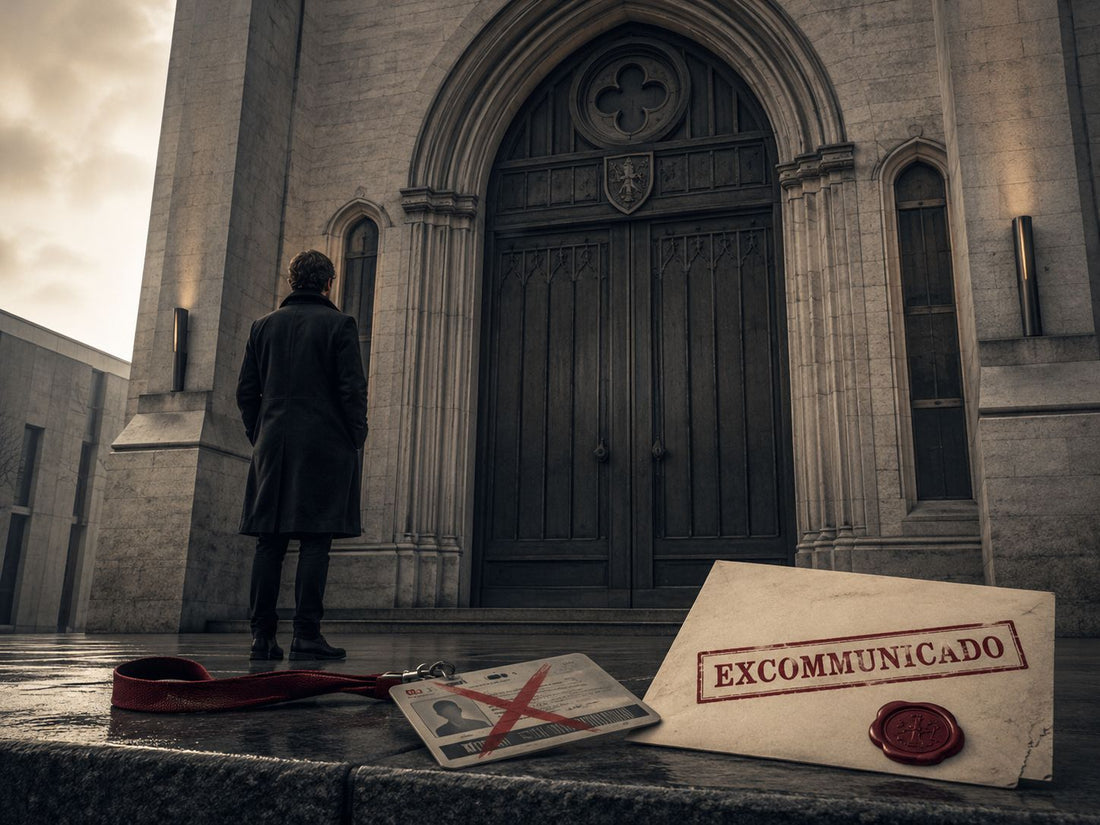 A lone figure standing outside a grand closed doorway, symbolising exclusion and excommunication.
