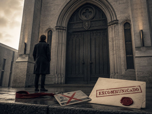 A lone figure standing outside a grand closed doorway, symbolising exclusion and excommunication.
