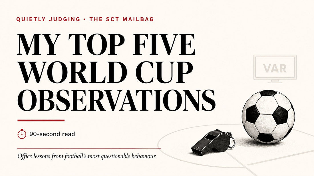 Graphic reading “My Top Five World Cup Observations” with a football, whistle and VAR card