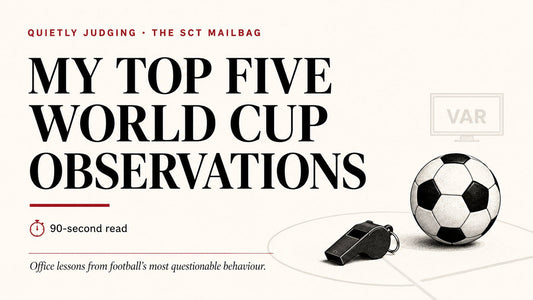 Graphic reading “My Top Five World Cup Observations” with a football, whistle and VAR card
