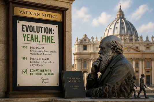 Illustration representing the Catholic Church and evolutionary theory, reflecting the Vatican’s long-standing acceptance of evolution within Catholic teaching.