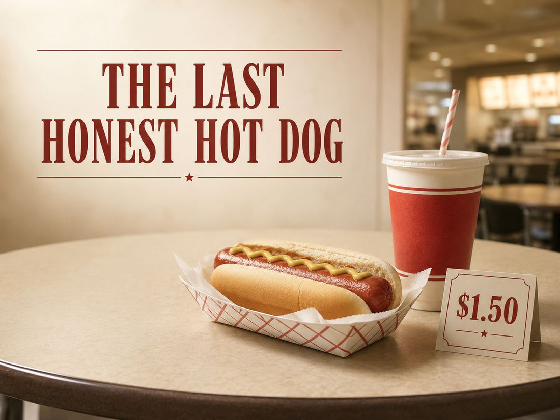 Hot dog and soda on a food-court table beside a $1.50 price sign, under the title “The Last Honest Hot Dog.”