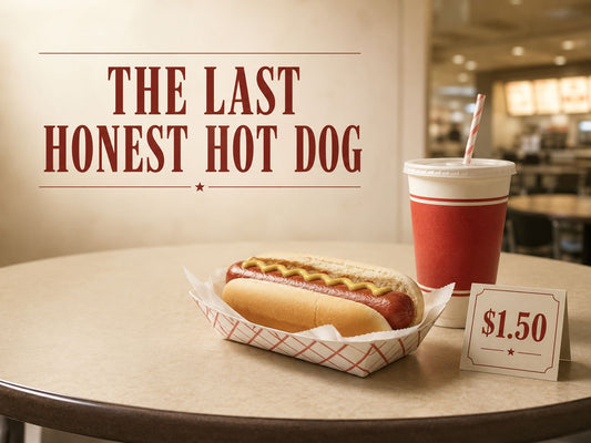 Hot dog and soda on a food-court table beside a $1.50 price sign, under the title “The Last Honest Hot Dog.”