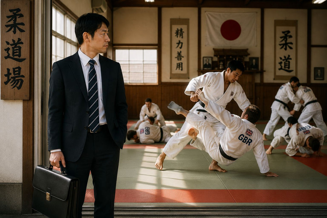 An office worker in a suit carrying a briefcase beside a judo dojo, representing extraordinary talent hidden in ordinary lives.
