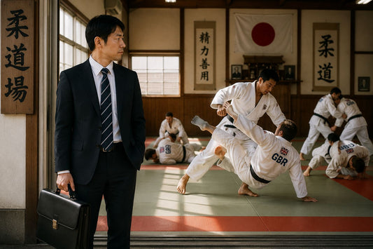 An office worker in a suit carrying a briefcase beside a judo dojo, representing extraordinary talent hidden in ordinary lives.