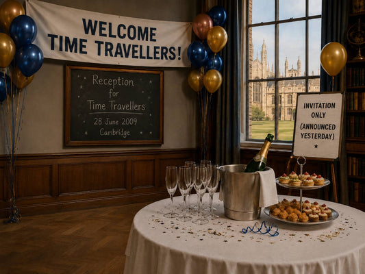 Illustration of an empty party set up for time travellers, with balloons, champagne and no guests.