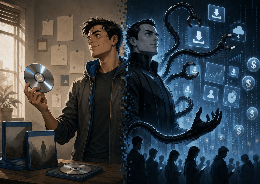 Illustration representing Sony PlayStation’s shift from physical game discs to digital-only games, with a playful superhero-inspired theme.