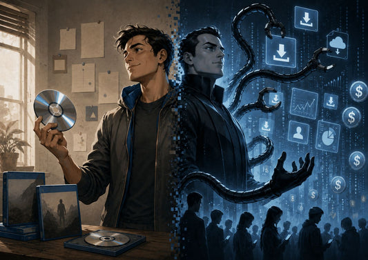 Illustration representing Sony PlayStation’s shift from physical game discs to digital-only games, with a playful superhero-inspired theme.
