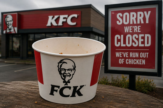 Empty KFC-style fried chicken bucket representing the 2018 UK chicken shortage and restaurant closures.