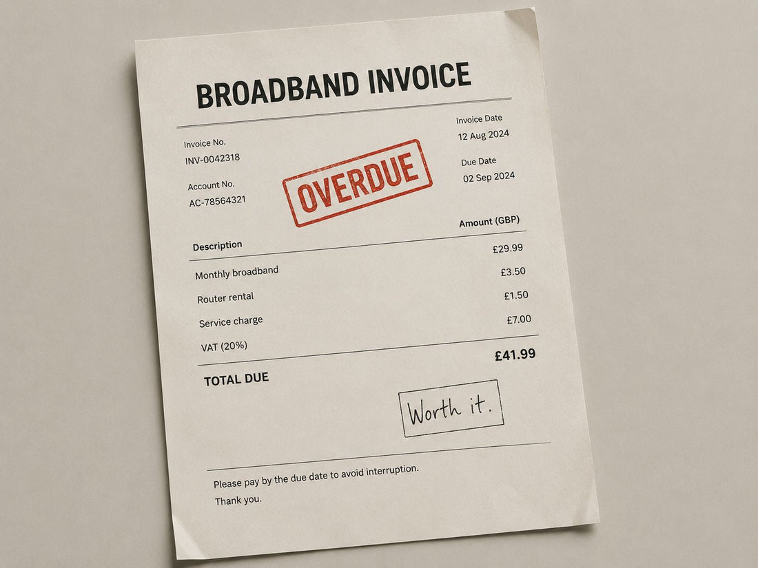 Broadband invoice stamped “OVERDUE,” with a handwritten note saying “Worth it.”