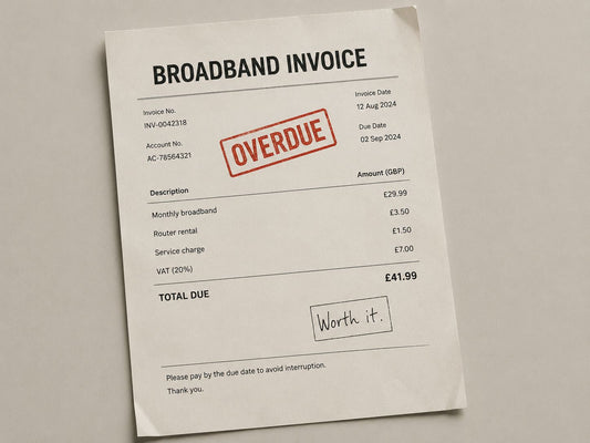 Broadband invoice stamped “OVERDUE,” with a handwritten note saying “Worth it.”