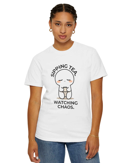 Sipping Tea, Watching Chaos — Observational T-Shirt